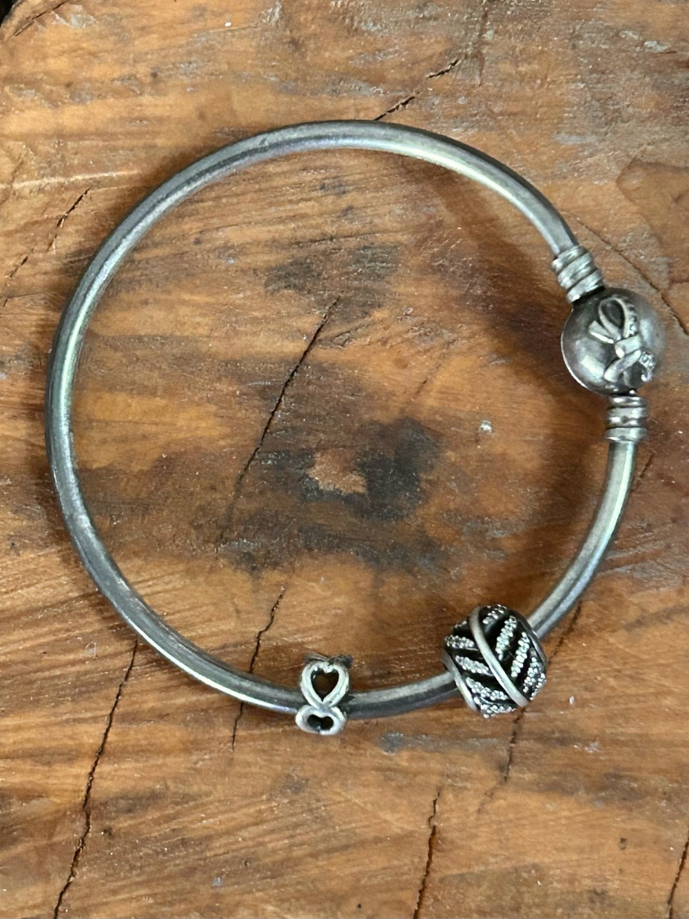 Pandora S925 ALE Bangle Bracelet with 2 Charms Open Heart Light As A Feather